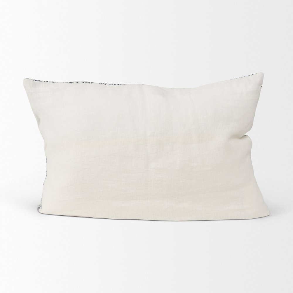 Cream Indigo Print Linen Lumbar Decorative Pillow Cover. Picture 5