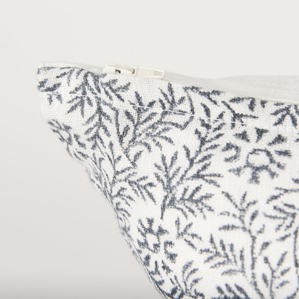 Cream Indigo Print Linen Lumbar Decorative Pillow Cover. Picture 8