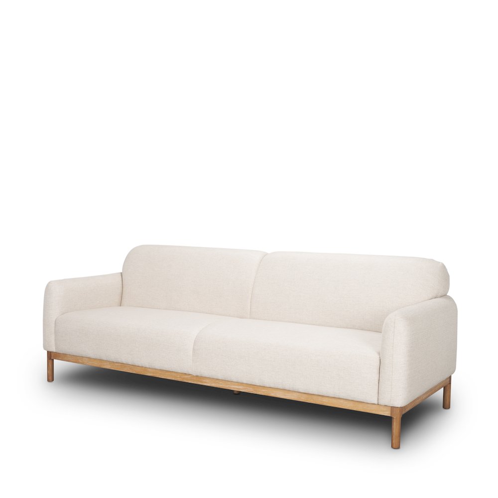 Hale Sofa Medium Brown Wood and Oatmeal Fabric. Picture 1