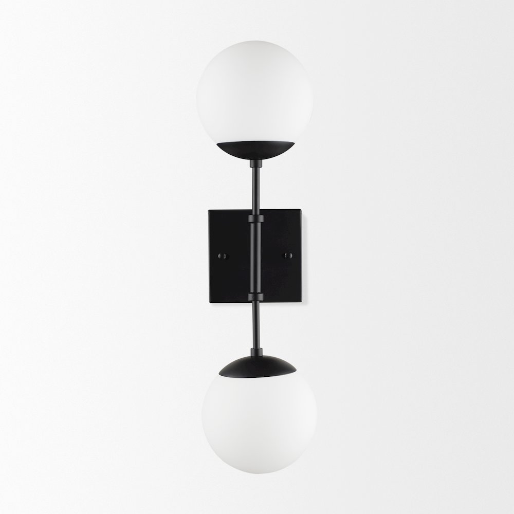 Edie Matte Black Metal Frosted Glass Globes 2-Light Wall Sconce. Picture 3
