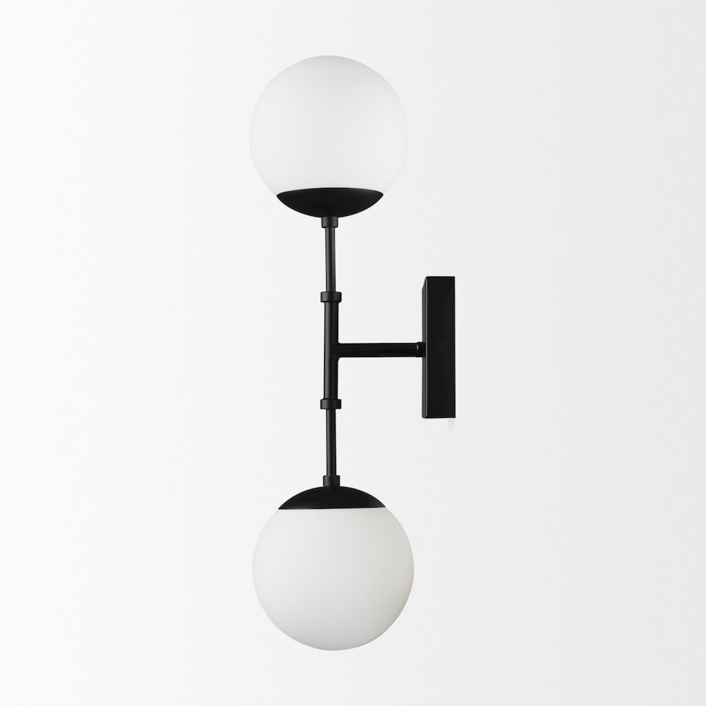 Edie Matte Black Metal Frosted Glass Globes 2-Light Wall Sconce. Picture 4