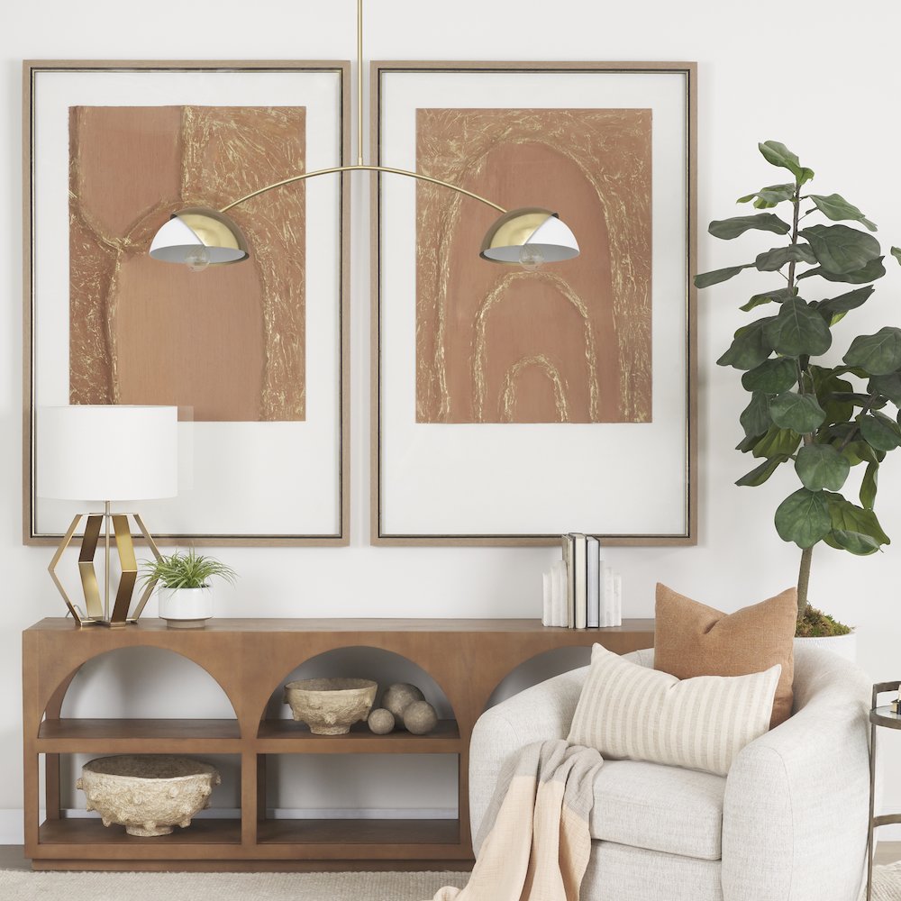 Brushed Brass White Metal Shades 2-Light Chandelier. Picture 4