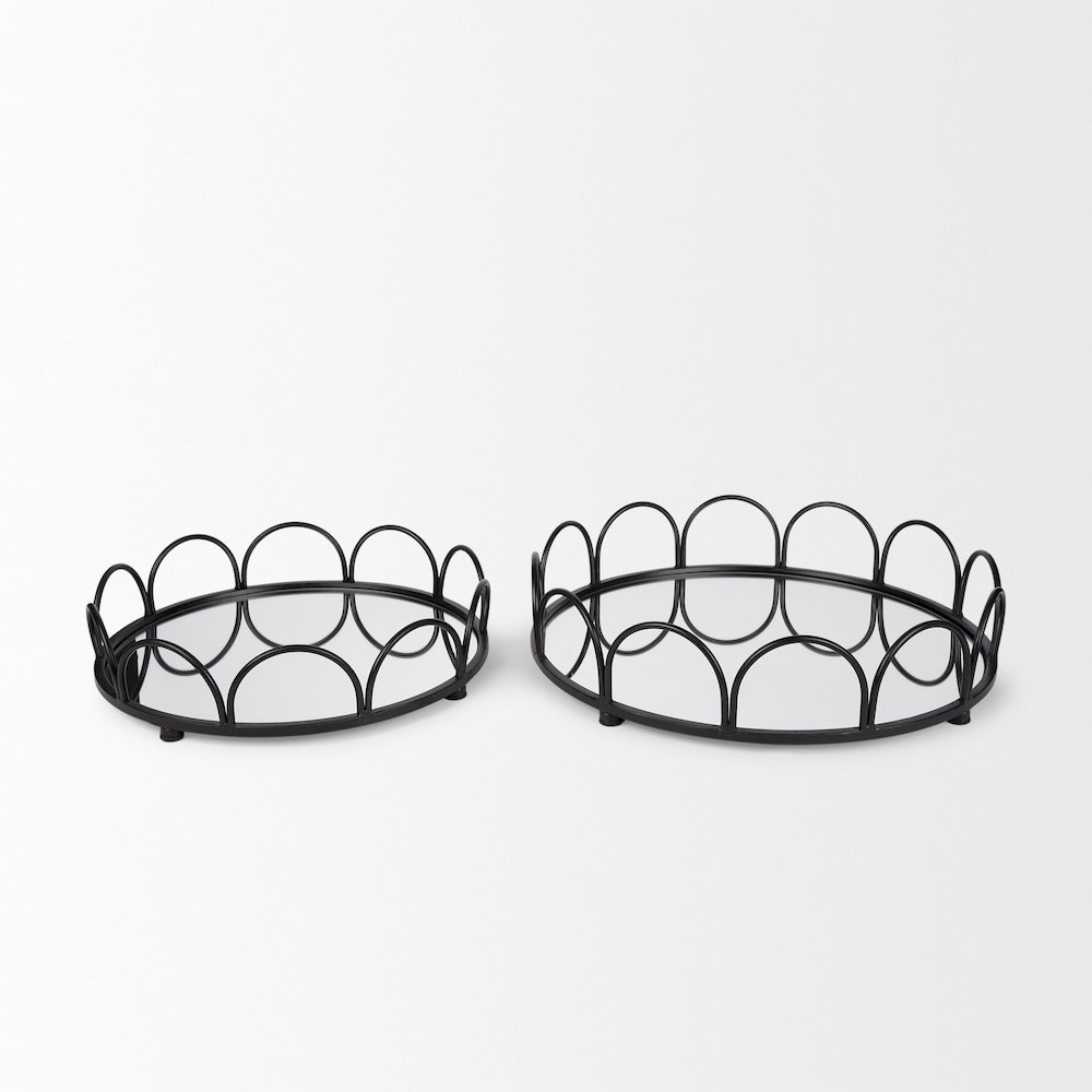 Lenore Round Metal/Mirror Tray Black (Set of 2). Picture 2