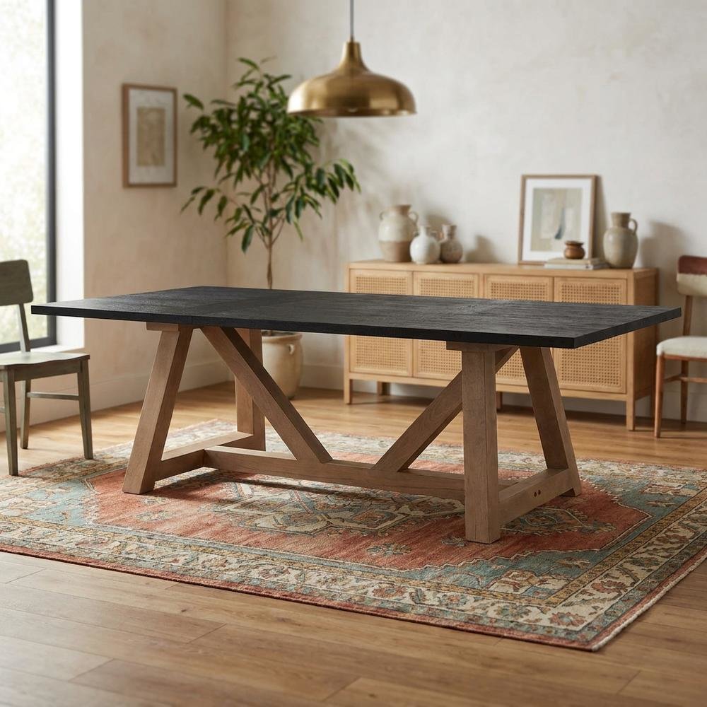 Rectangular Black and Brown Solid Wood Dining Table with Durable Finish. Picture 2