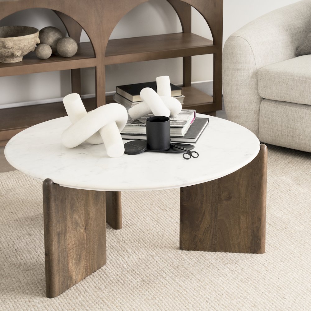 Dark Brown Wood White Marble Coffee Table. Picture 4