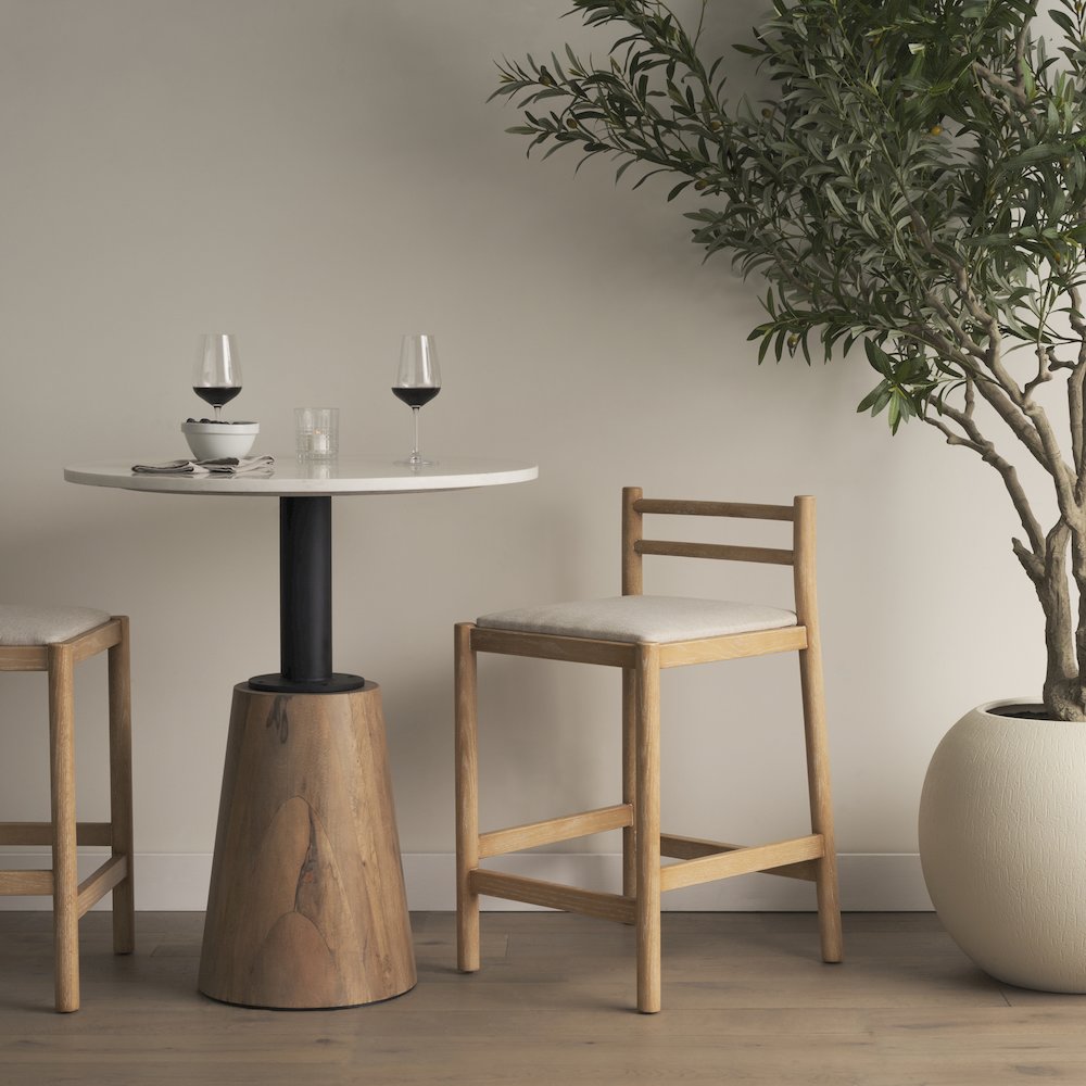 Counter Stool Light Brown Wood Frame And Beige Upholstered Seat. Picture 5