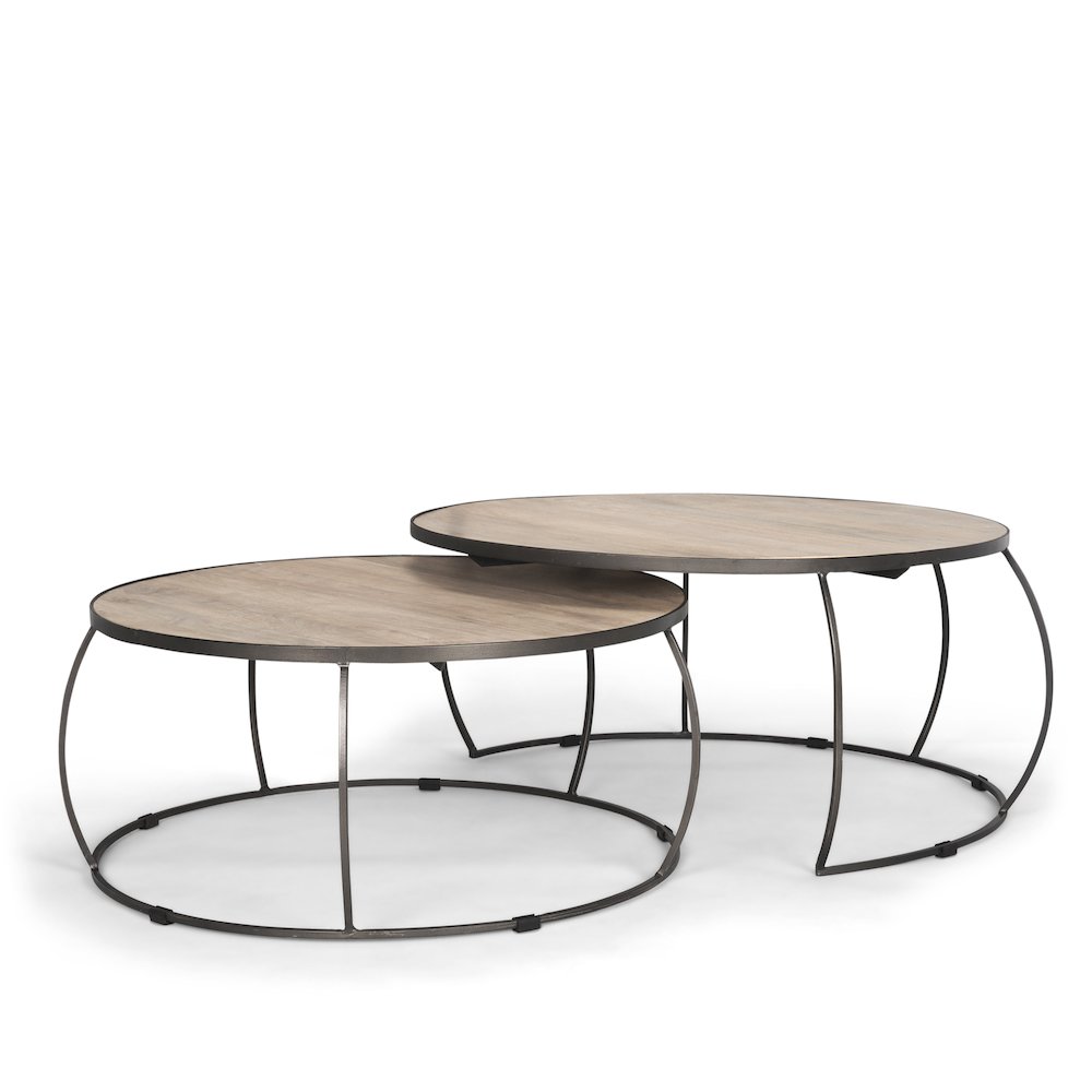 Round Brown White Wash Wood And Silver Metal Nesting Coffee Tables (Set Of 2). Picture 1