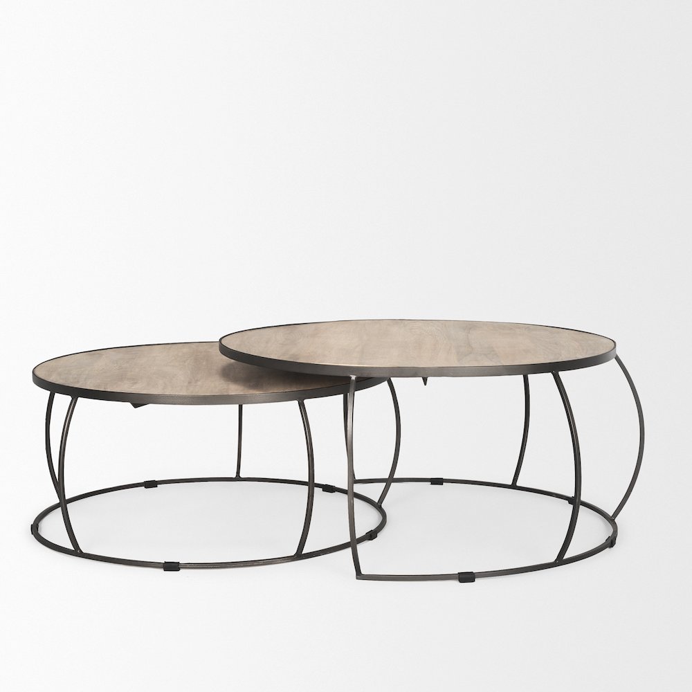 Round Brown White Wash Wood And Silver Metal Nesting Coffee Tables (Set Of 2). Picture 5