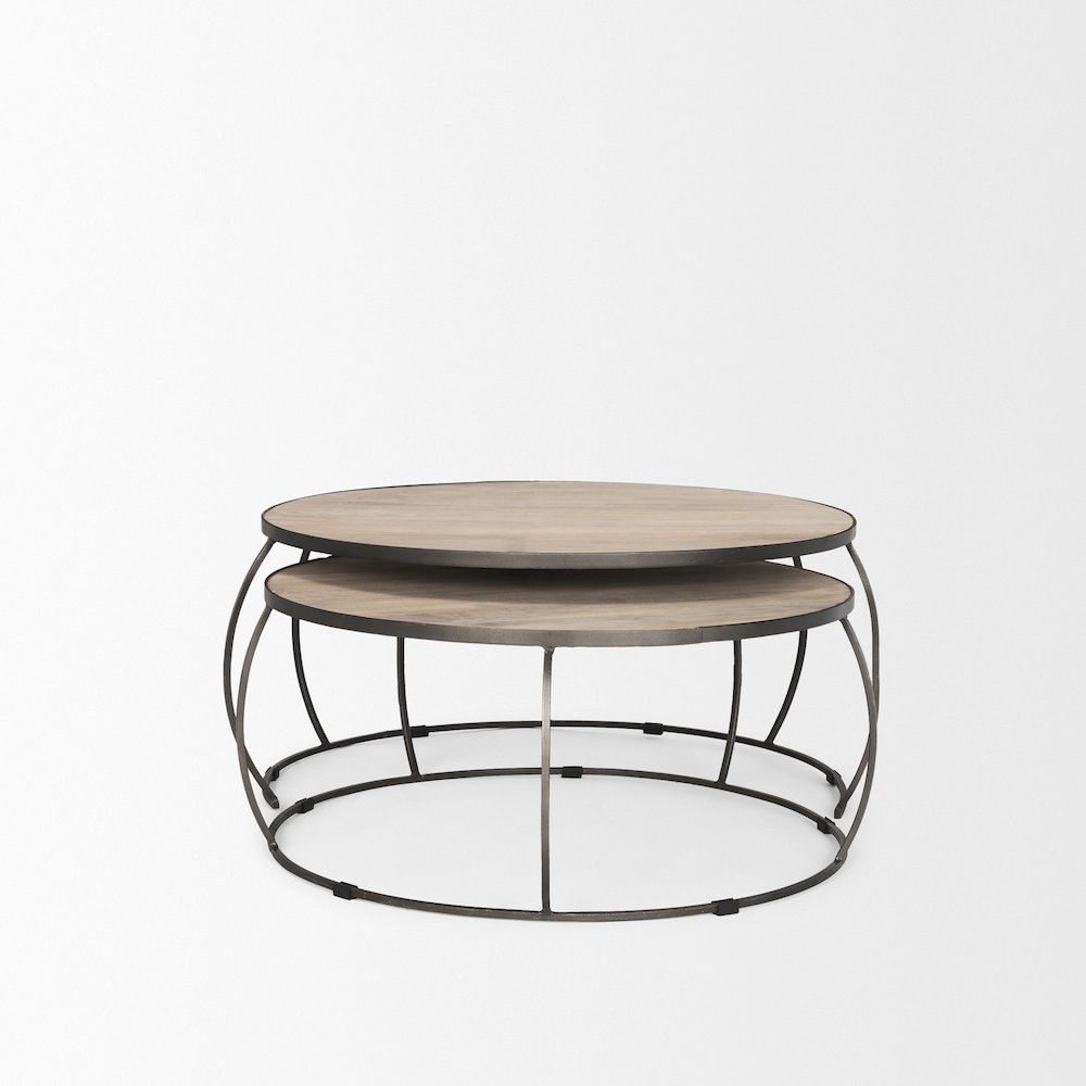 Round Brown White Wash Wood And Silver Metal Nesting Coffee Tables (Set Of 2). Picture 6