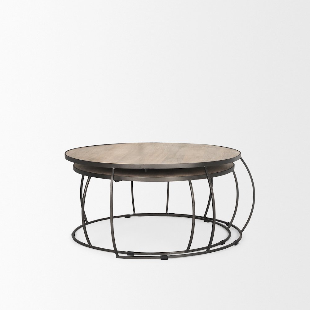 Round Brown White Wash Wood And Silver Metal Nesting Coffee Tables (Set Of 2). Picture 7