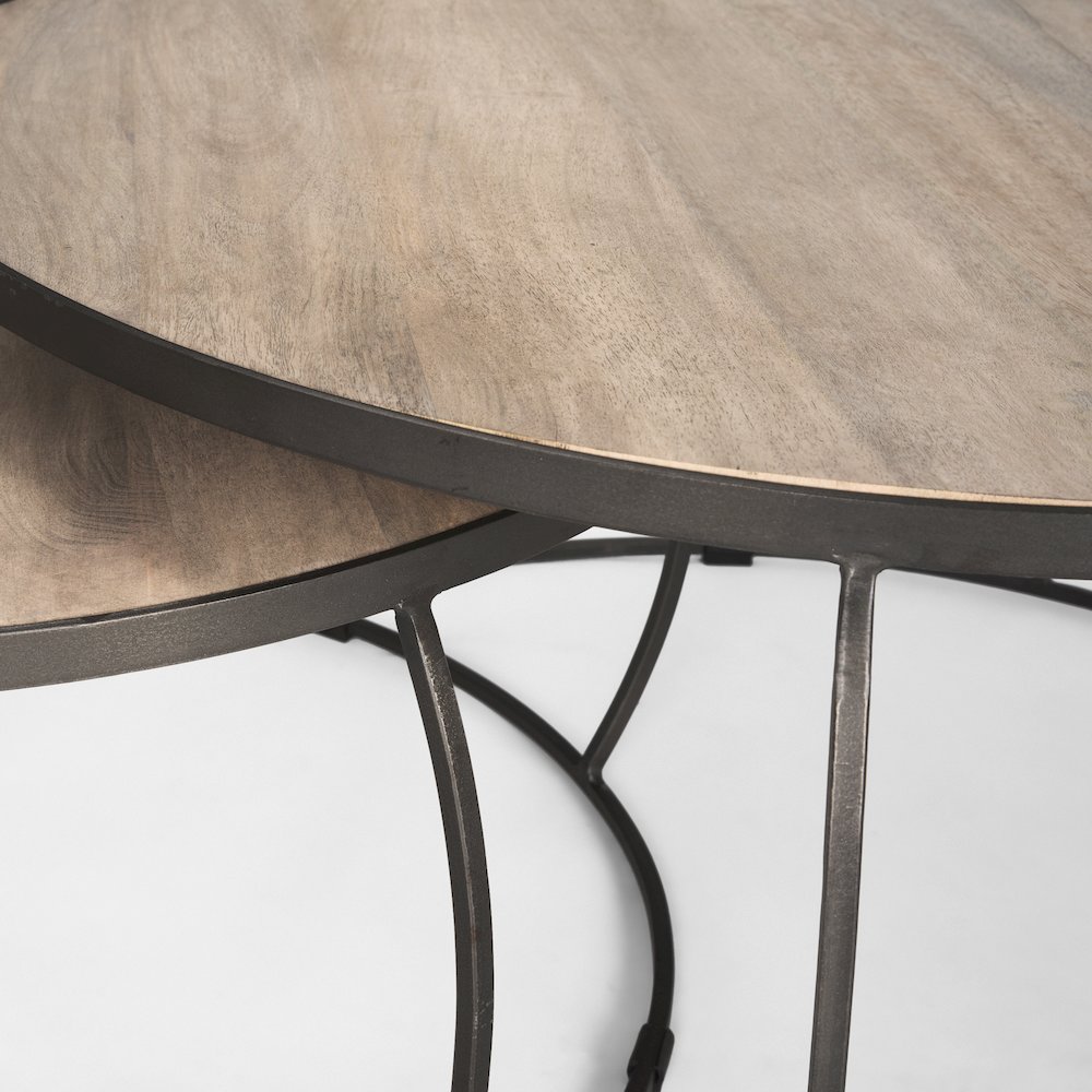 Round Brown White Wash Wood And Silver Metal Nesting Coffee Tables (Set Of 2). Picture 8
