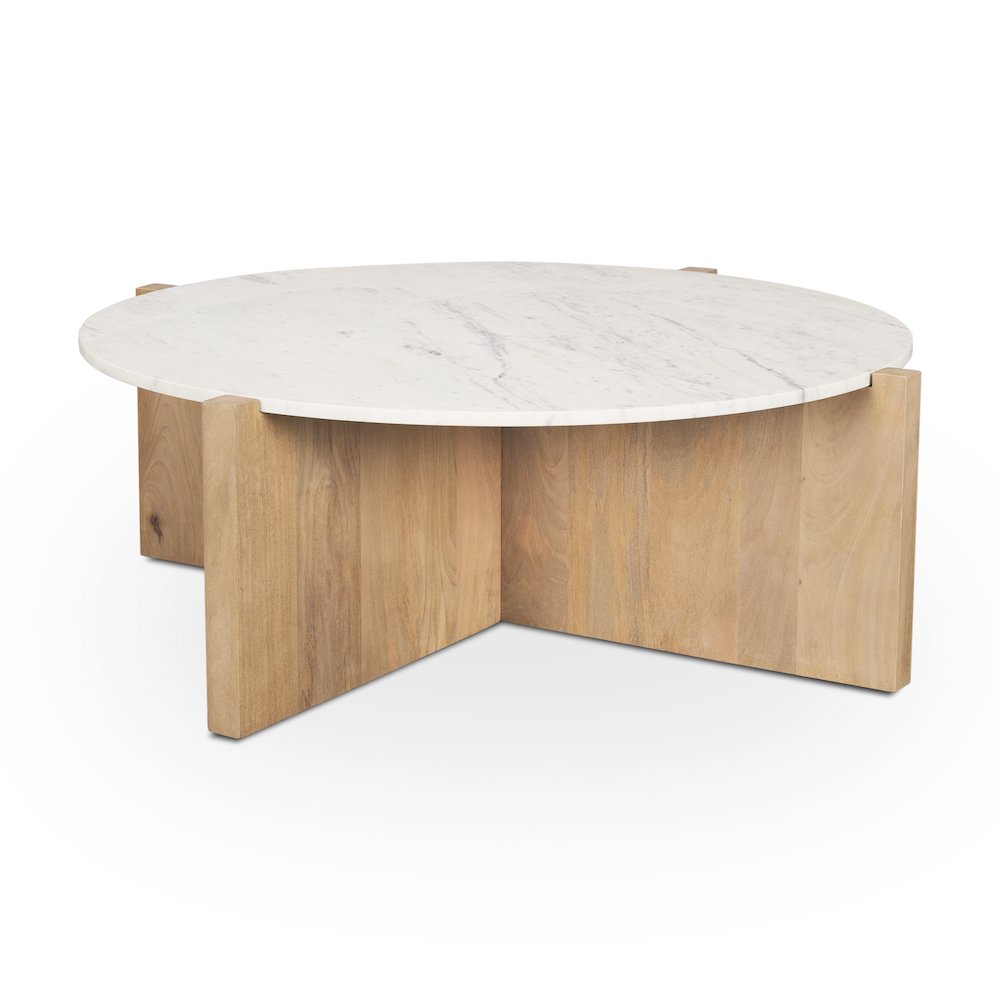 Light Brown Wood Round Marble Top Coffee Table. Picture 1
