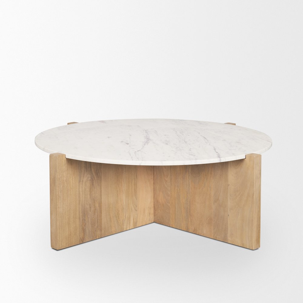 Light Brown Wood Round Marble Top Coffee Table. Picture 6