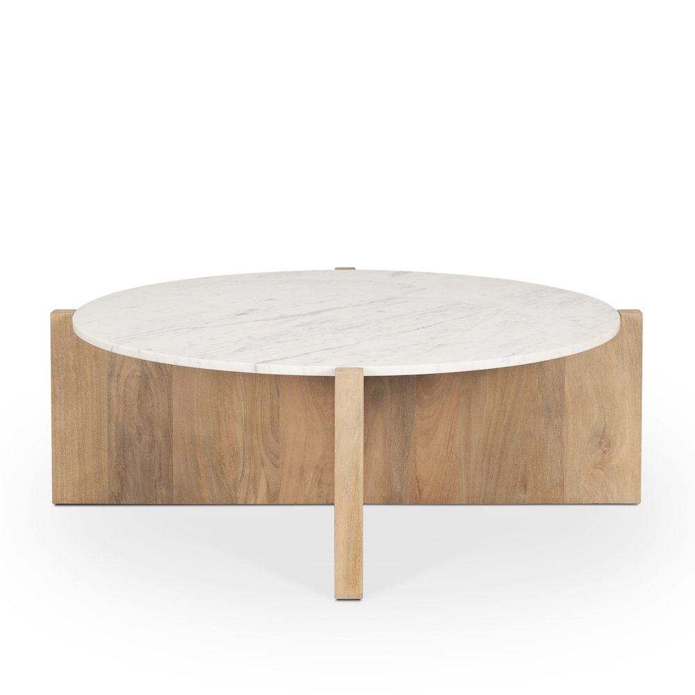 Light Brown Wood Round Marble Top Coffee Table. Picture 7