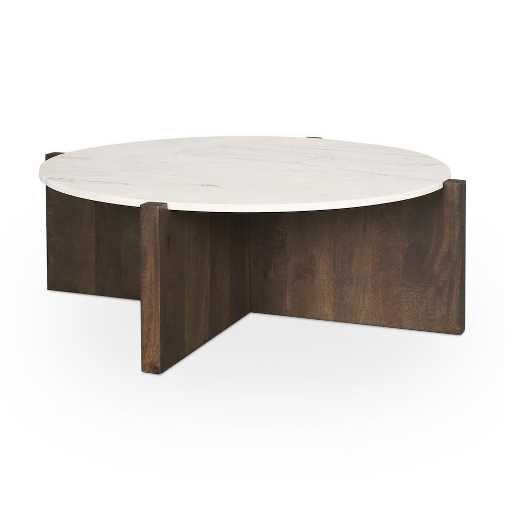 Dark Brown Wood Marble Round Top Coffee Table. Picture 1