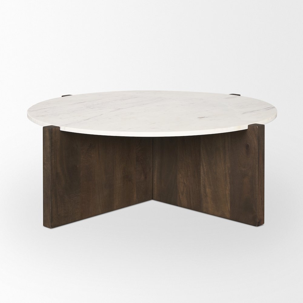 Dark Brown Wood Marble Round Top Coffee Table. Picture 4