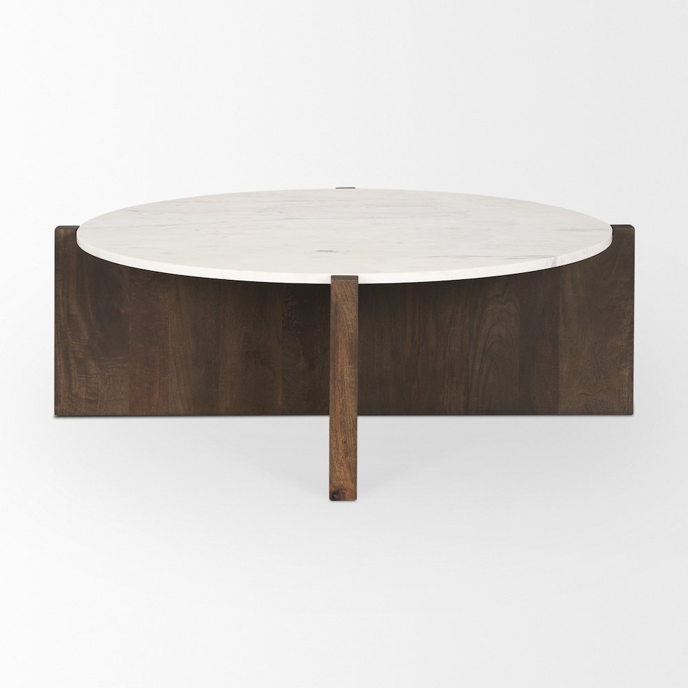 Dark Brown Wood Marble Round Top Coffee Table. Picture 5