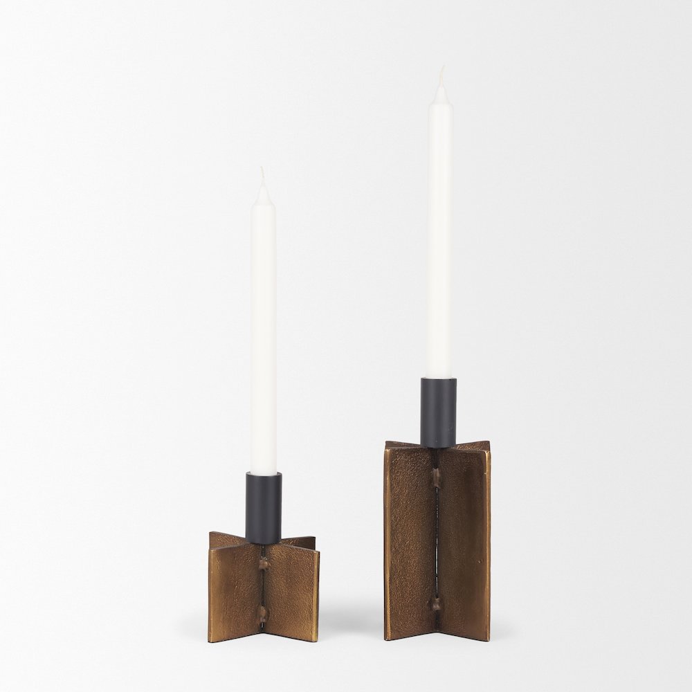 Pia Antiqued Gold Black Metal Taper Candleholder (Set of 2). Picture 5