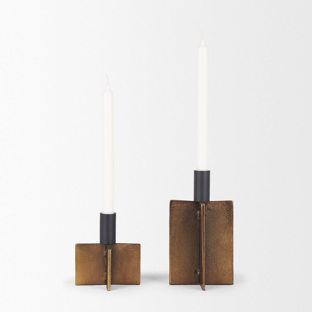 Pia Antiqued Gold Black Metal Taper Candleholder (Set of 2). Picture 6