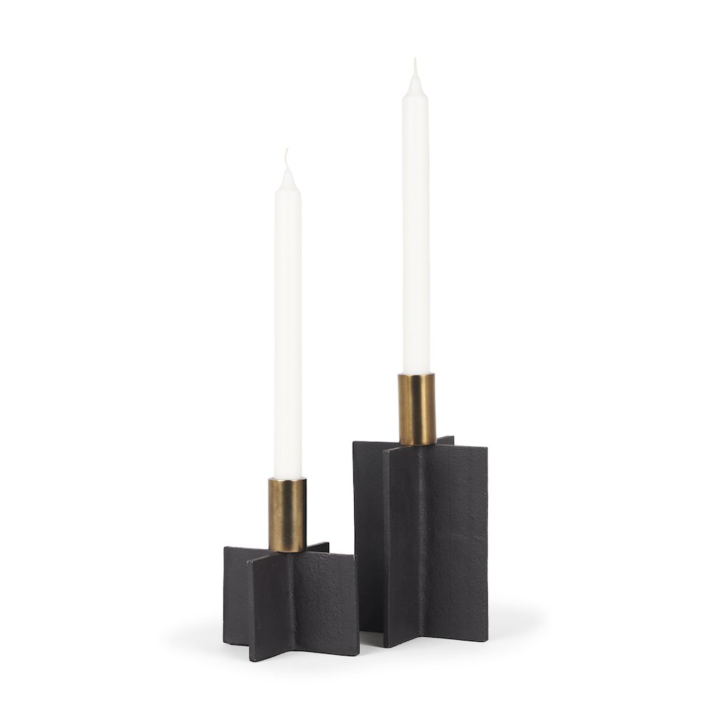Pia Matte Black Brushed Gold Metal Taper Candleholder (Set of 2). Picture 1