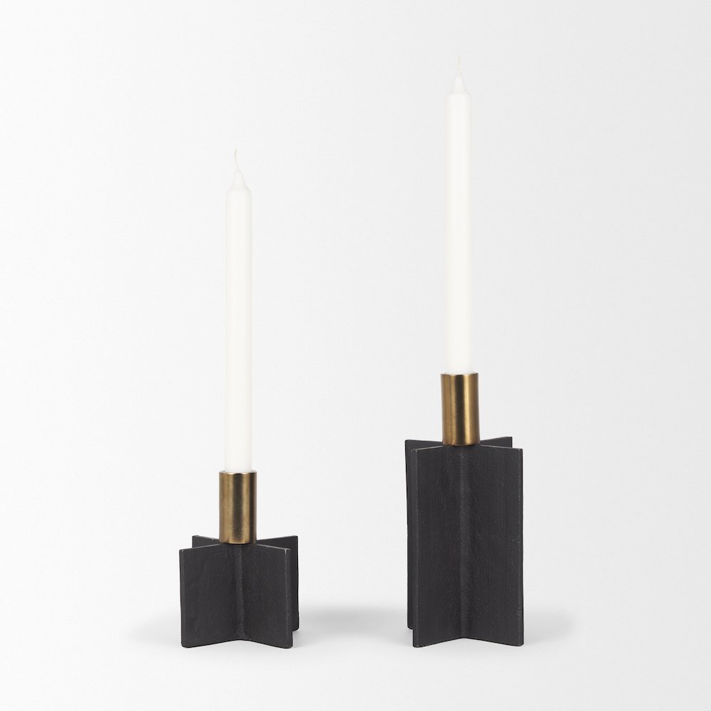 Pia Matte Black Brushed Gold Metal Taper Candleholder (Set of 2). Picture 3