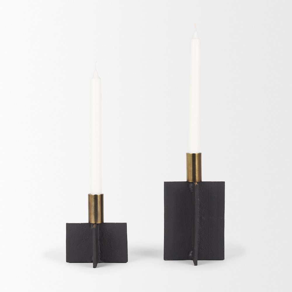 Pia Matte Black Brushed Gold Metal Taper Candleholder (Set of 2). Picture 4