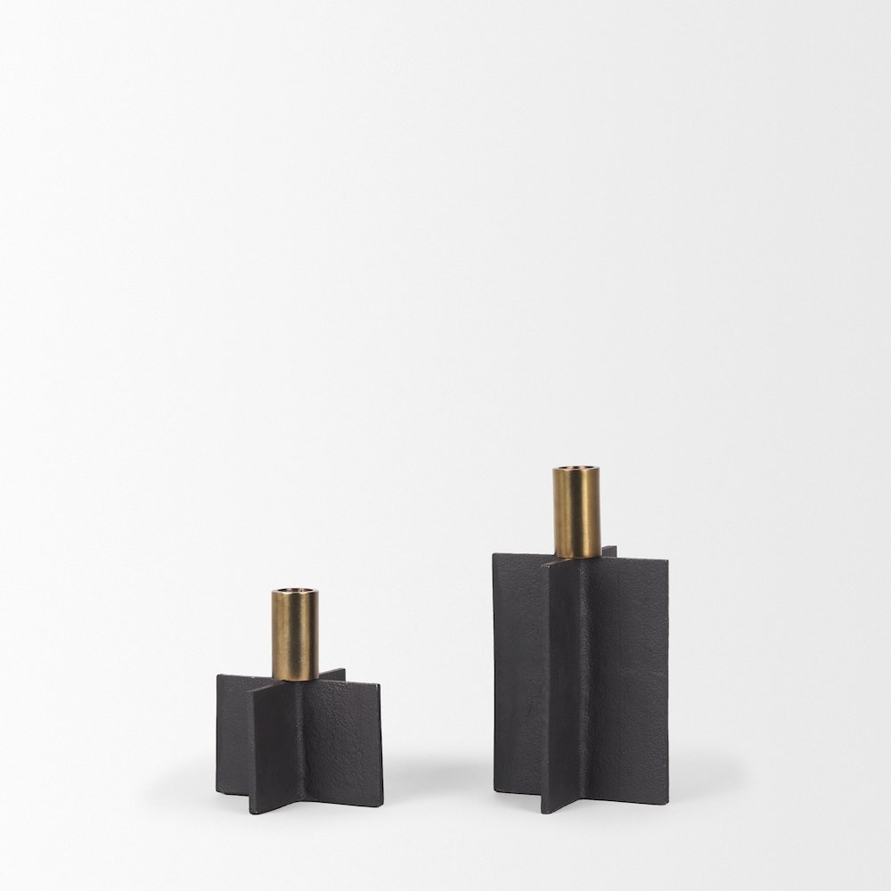 Pia Matte Black Brushed Gold Metal Taper Candleholder (Set of 2). Picture 6