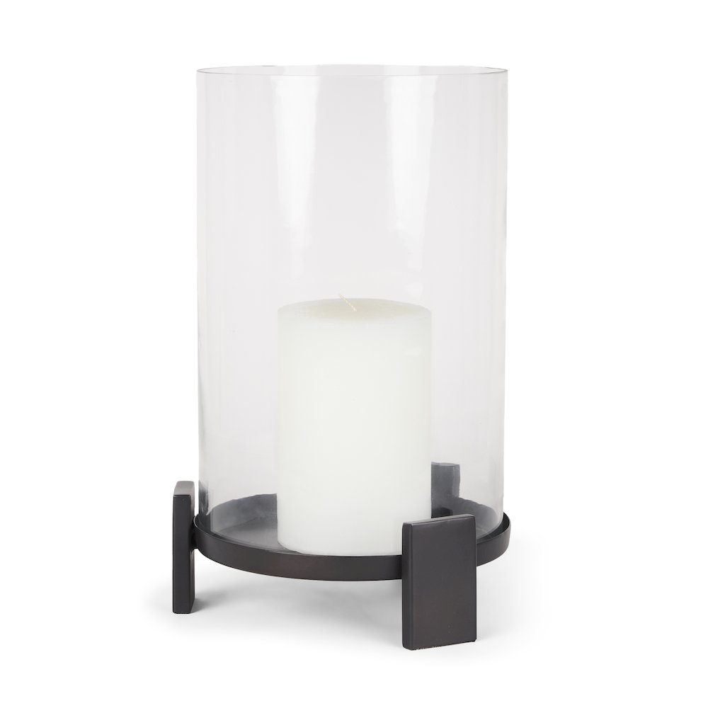 Price Large Matte Black Metal Glass Hurricane Candle Holder. Picture 1