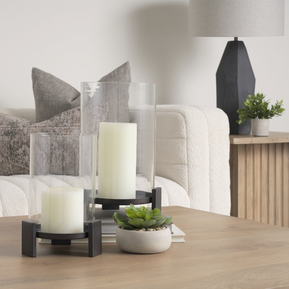 Price Large Matte Black Metal Glass Hurricane Candle Holder. Picture 4