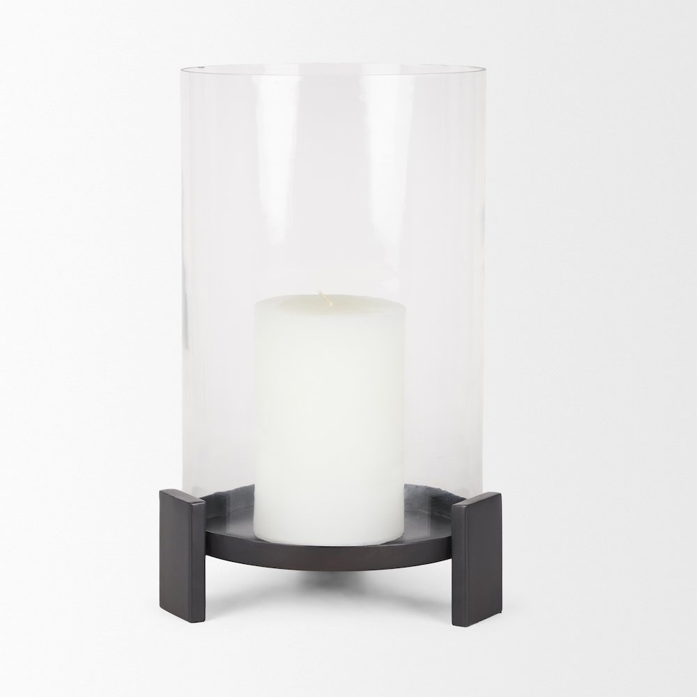 Price Large Matte Black Metal Glass Hurricane Candle Holder. Picture 7