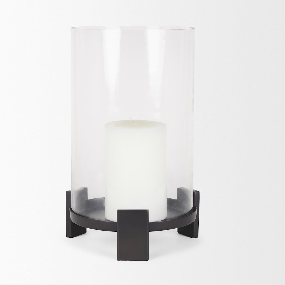 Price Large Matte Black Metal Glass Hurricane Candle Holder. Picture 8