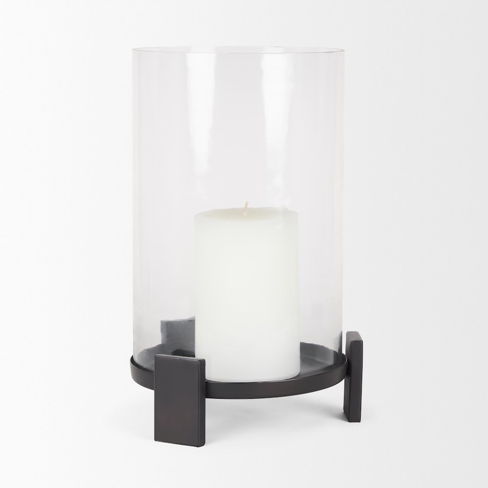Price Large Matte Black Metal Glass Hurricane Candle Holder. Picture 9