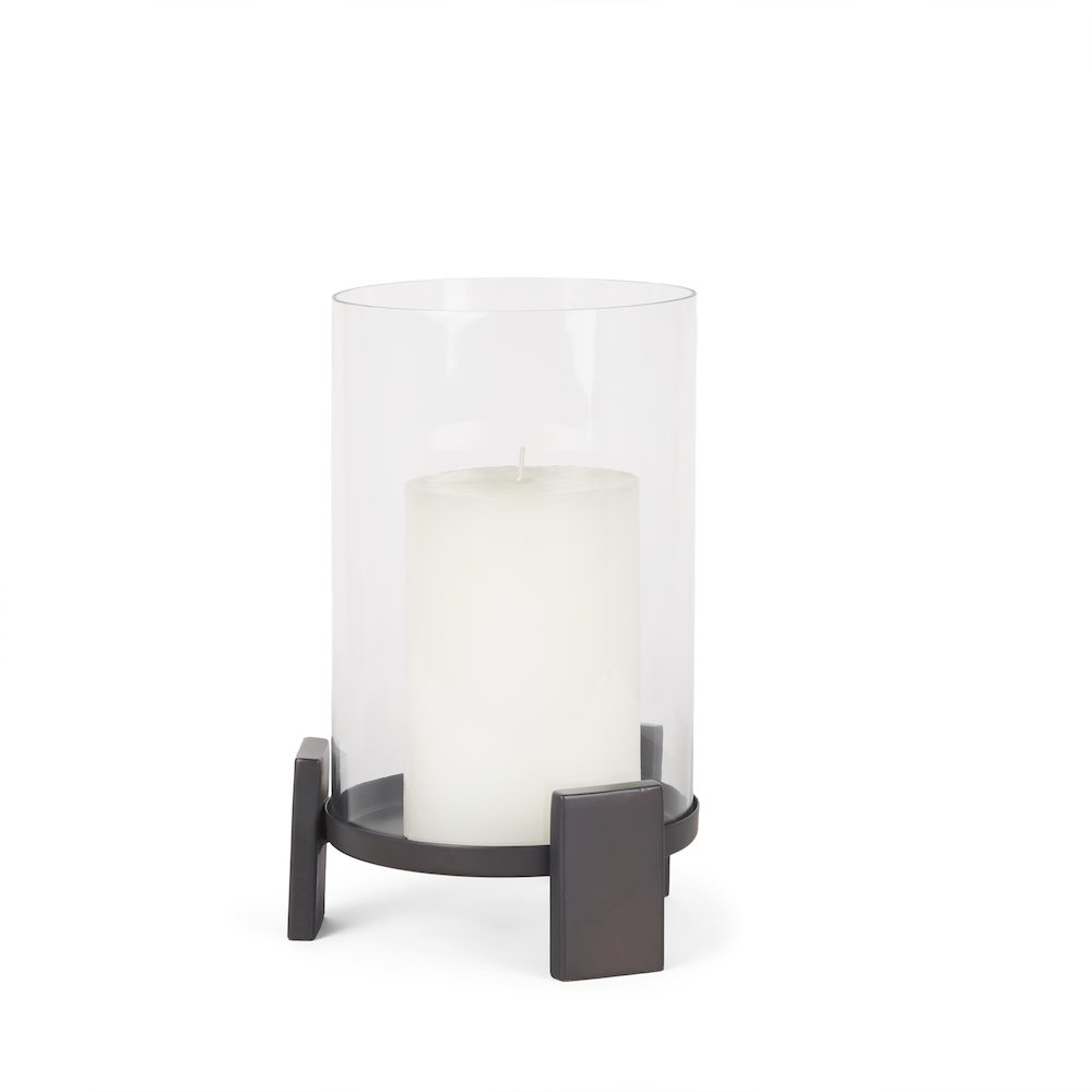 Price Small Matte Black Metal Glass Hurricane Candle Holder. Picture 1