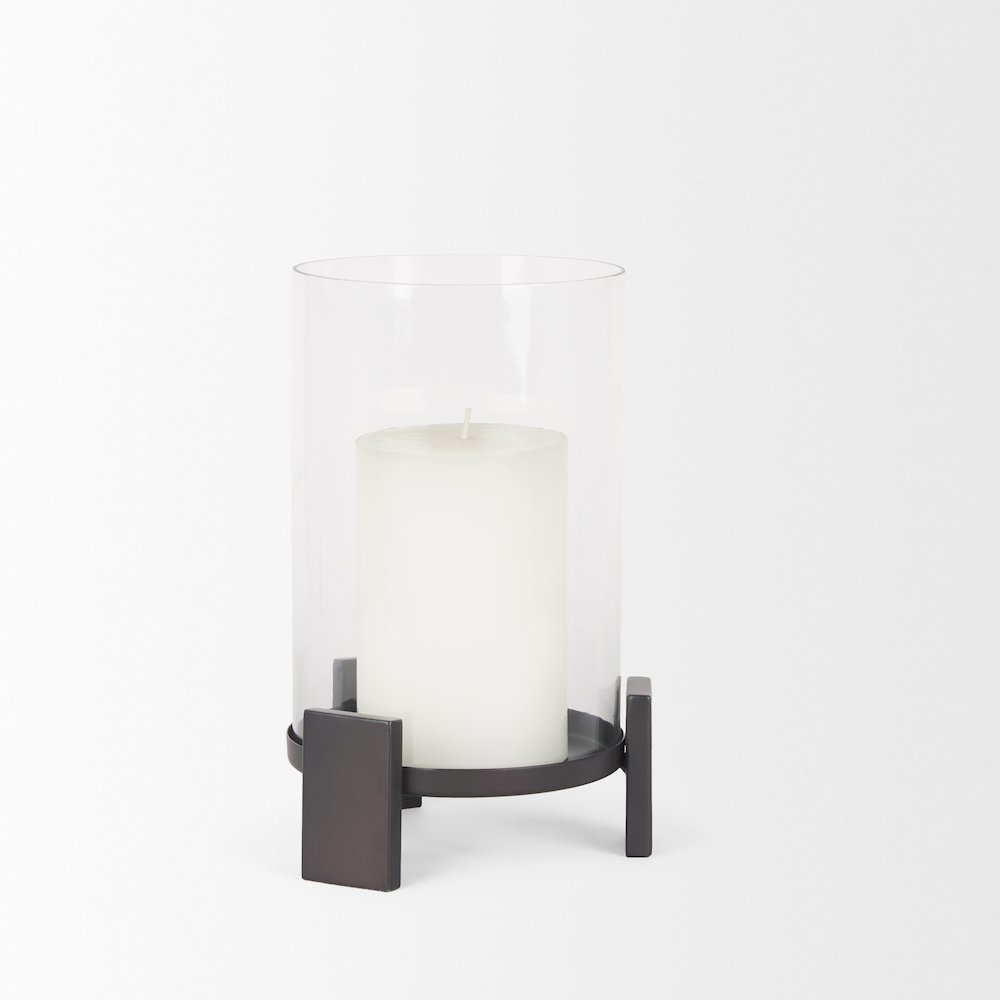 Price Small Matte Black Metal Glass Hurricane Candle Holder. Picture 9