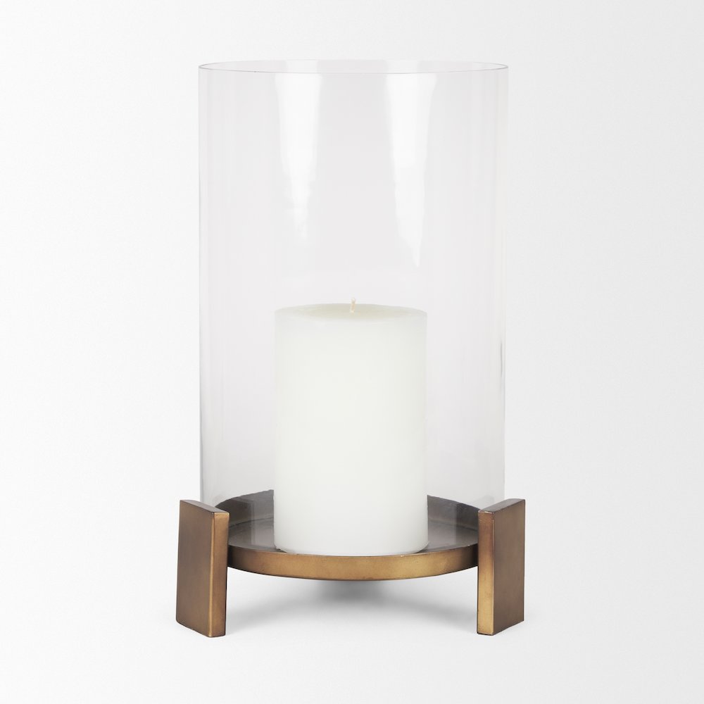 Price Large Antiqued Gold Metal Glass Hurricane Candle Holder. Picture 5