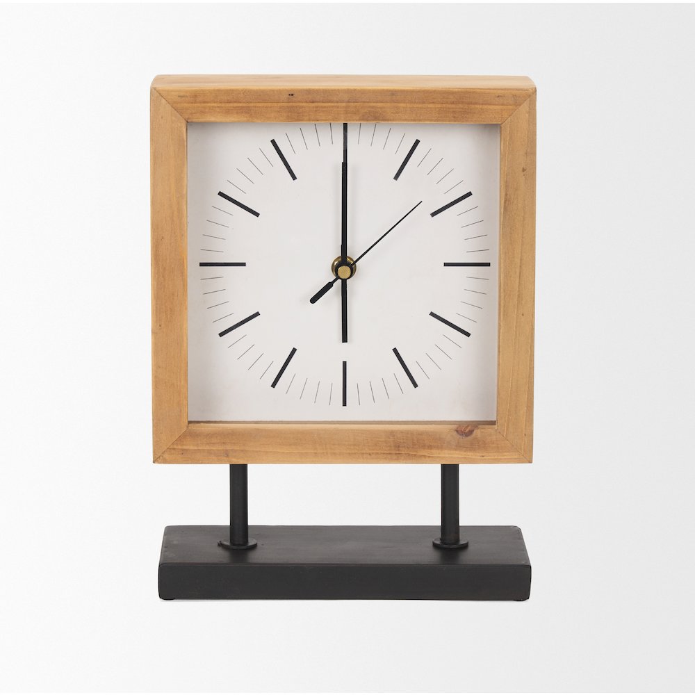 Renaya Light Brown Wood Matte Black Metal Base Table Clock. Picture 2