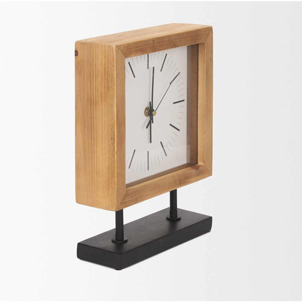 Renaya Light Brown Wood Matte Black Metal Base Table Clock. Picture 5