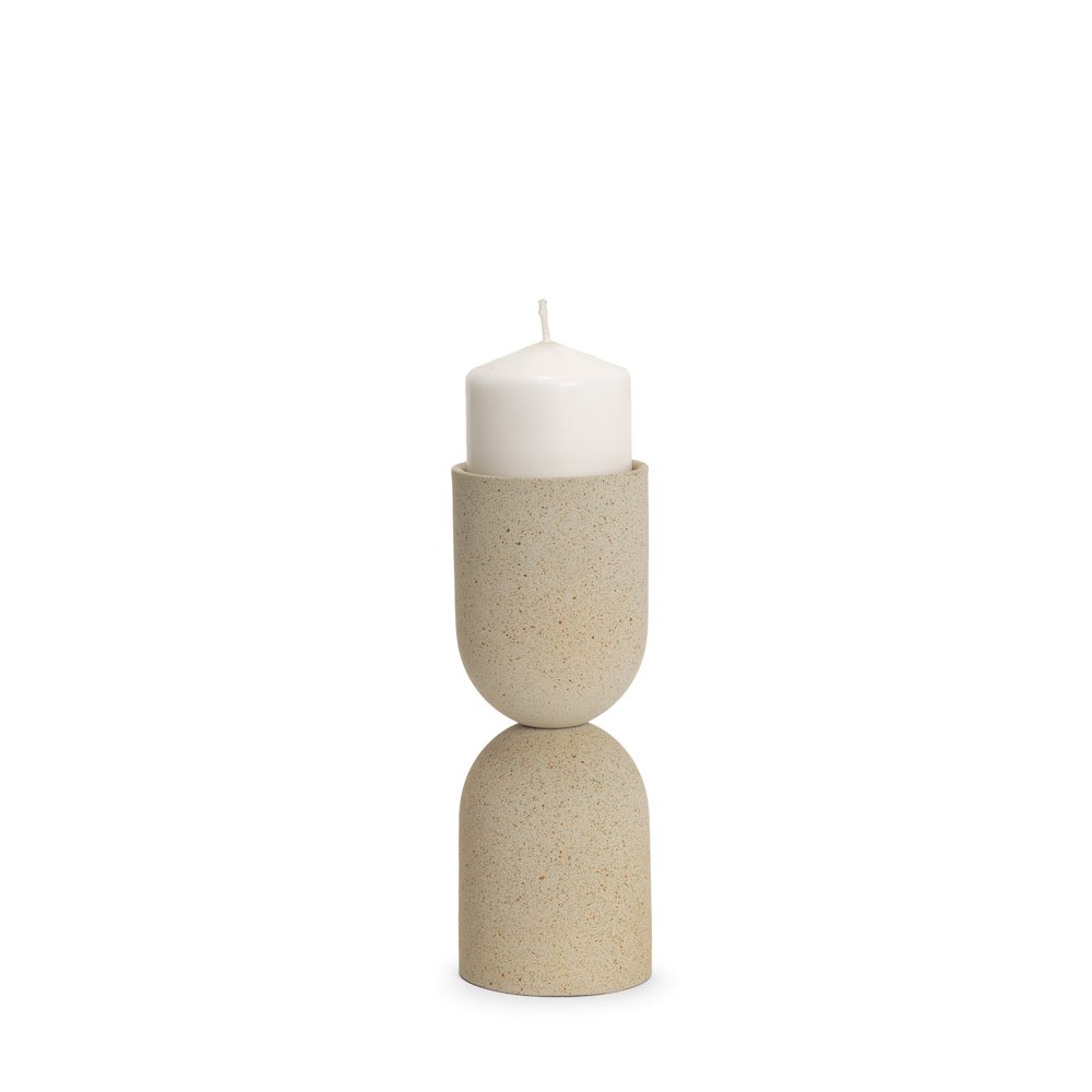 Qamra Short Beige Textured Metal Pillar Candle Holder. Picture 1