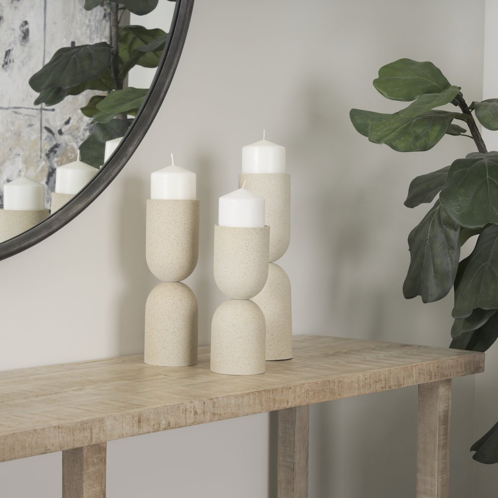 Qamra Short Beige Textured Metal Pillar Candle Holder. Picture 3