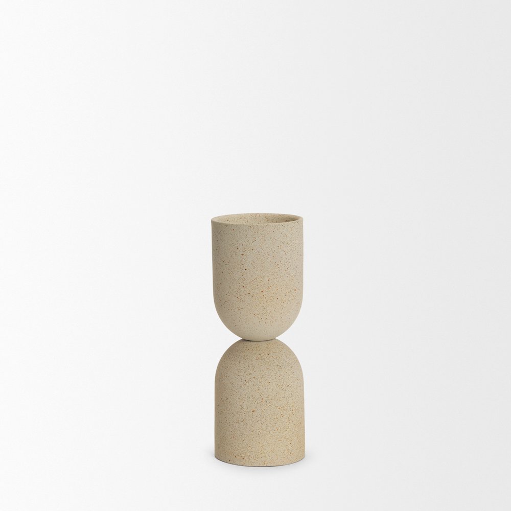 Qamra Short Beige Textured Metal Pillar Candle Holder. Picture 5