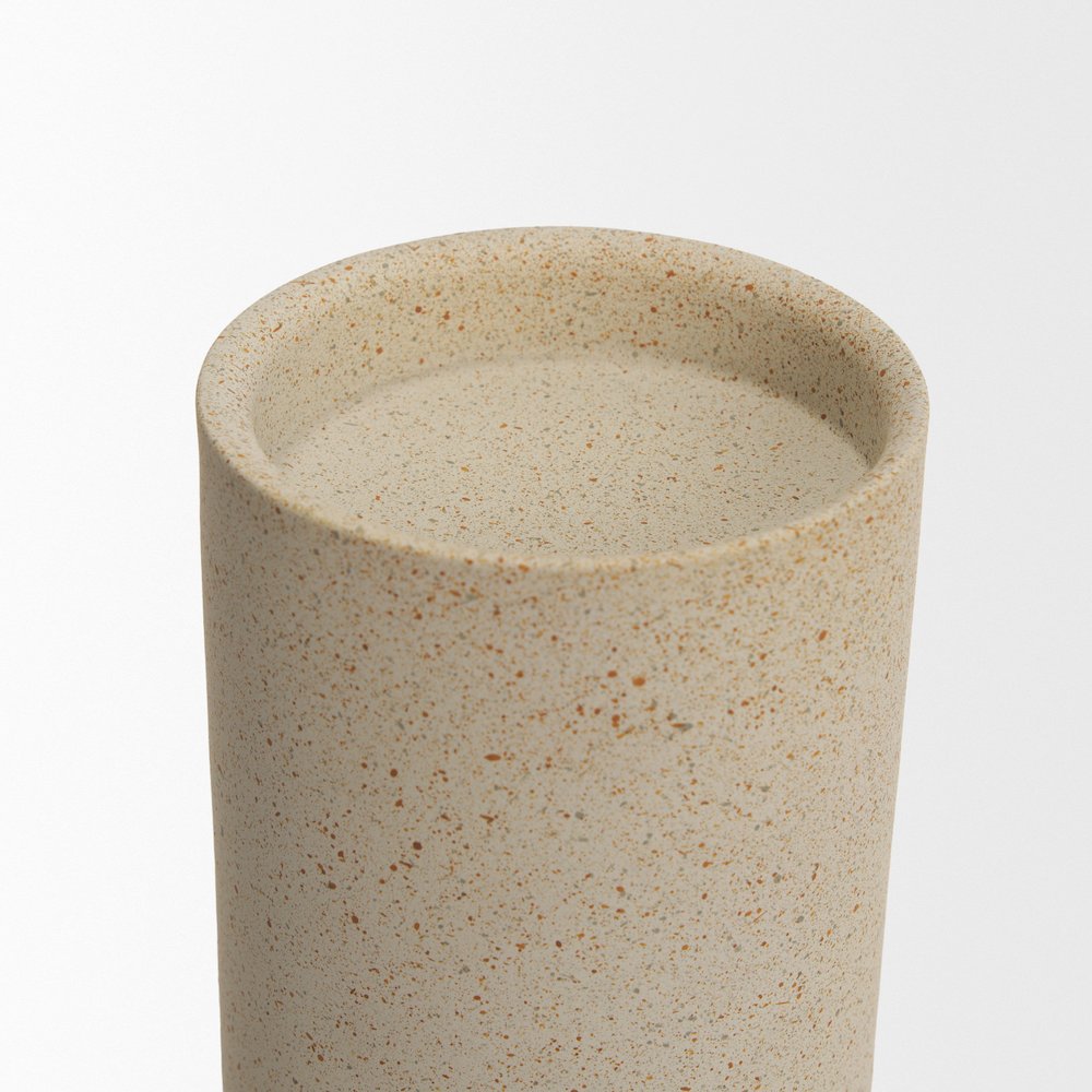 Qamra Short Beige Textured Metal Pillar Candle Holder. Picture 6