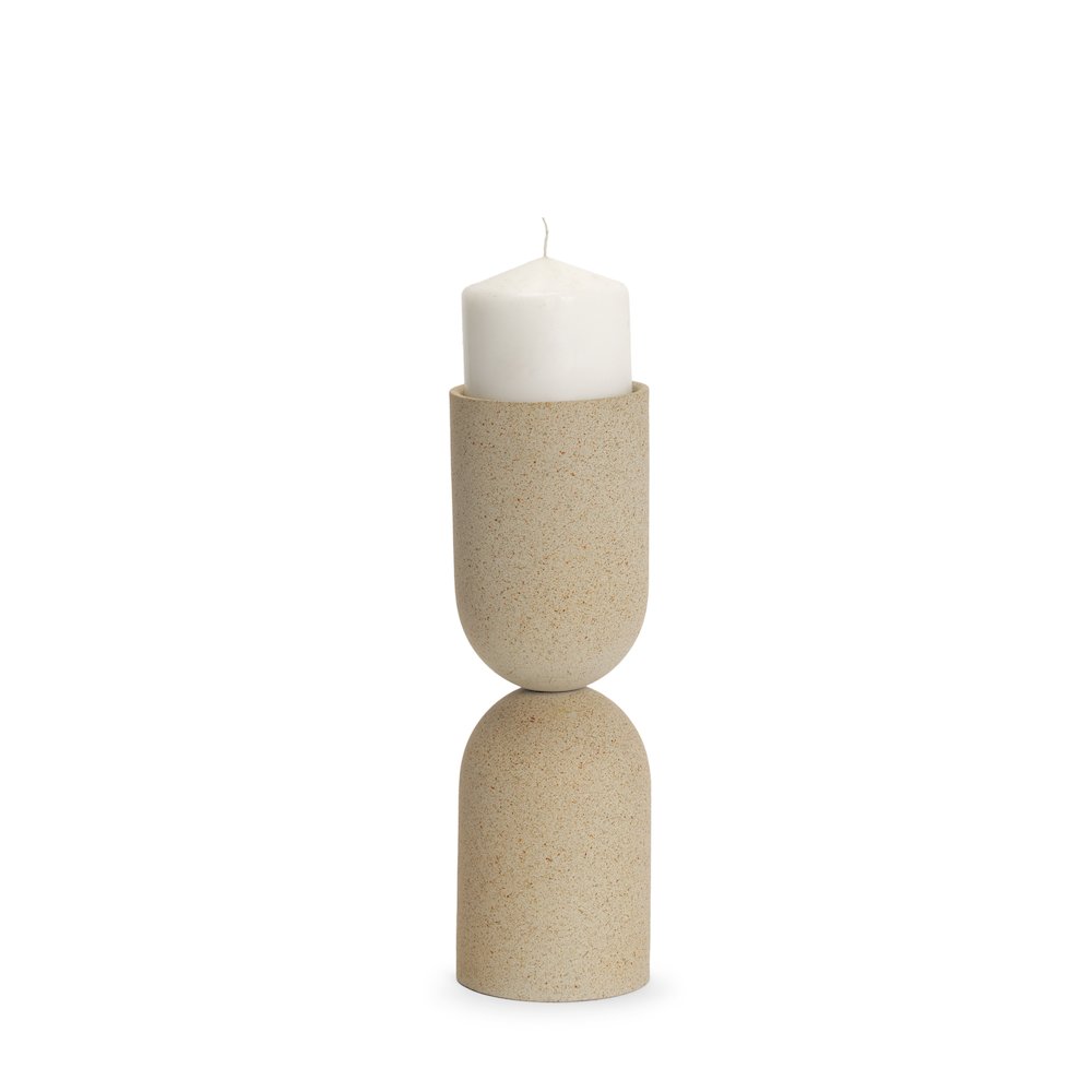 Qamra Medium Beige Textured Metal Pillar Candle Holder Candle Holder. Picture 1