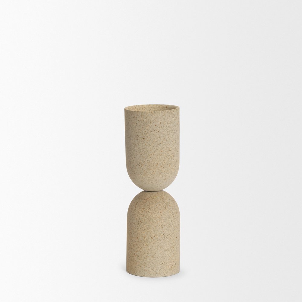 Qamra Medium Beige Textured Metal Pillar Candle Holder Candle Holder. Picture 5