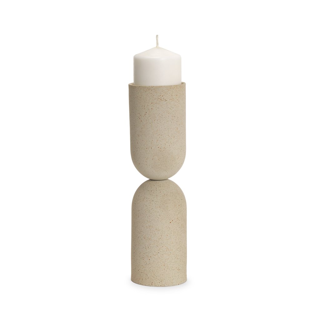 Qamra Tall Beige Textured Metal Pillar Candle Holder Candle Holder. Picture 1
