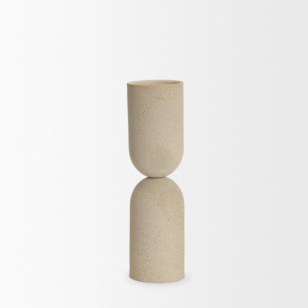 Qamra Tall Beige Textured Metal Pillar Candle Holder Candle Holder. Picture 5