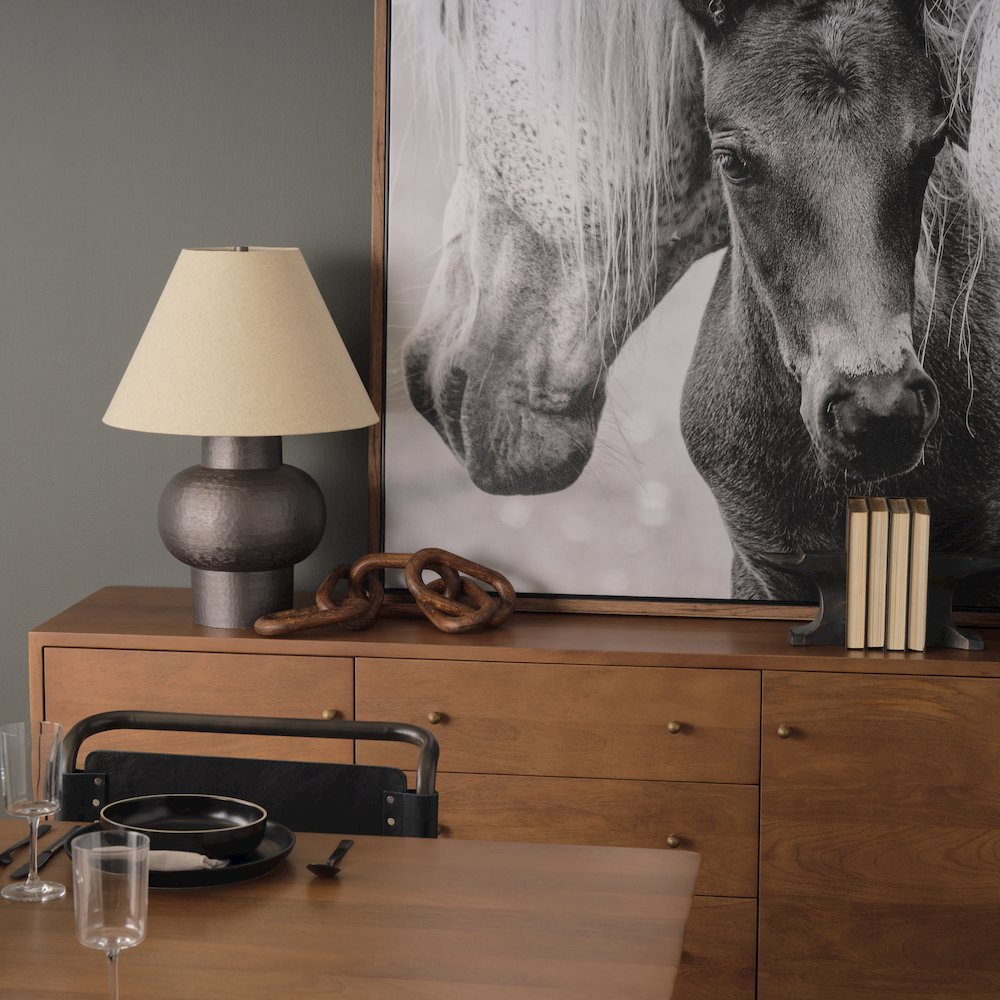 Salaah Black Brushed Metal Beige Shade Table Lamp. Picture 3