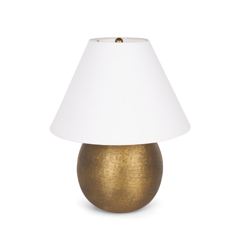 Sadiyah Antiqued Gold Brushed Metal Cream Shade Table Lamp. Picture 1