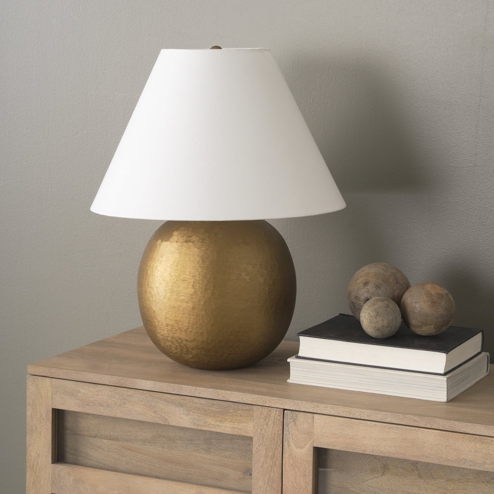 Sadiyah Antiqued Gold Brushed Metal Cream Shade Table Lamp. Picture 5