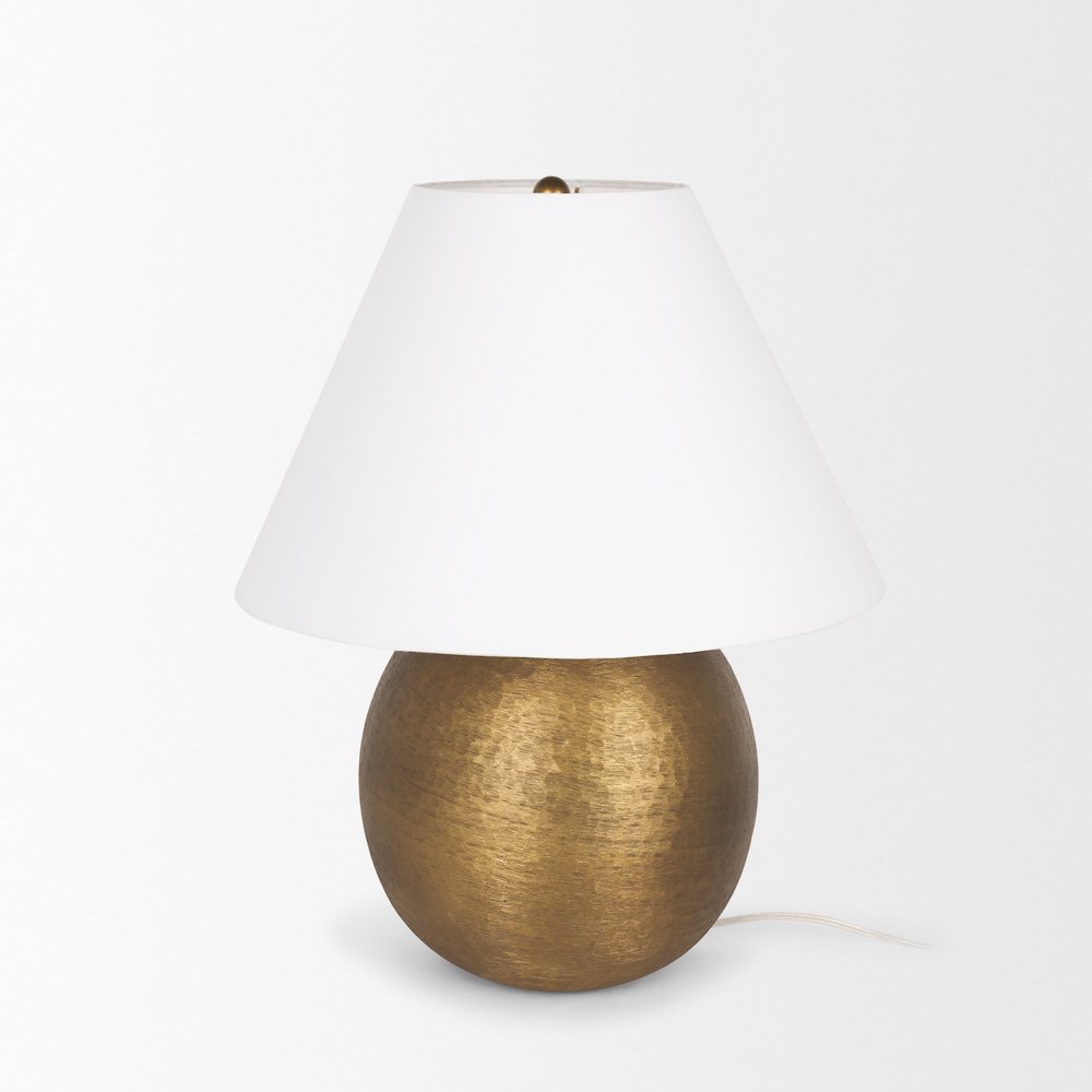 Sadiyah Antiqued Gold Brushed Metal Cream Shade Table Lamp. Picture 4