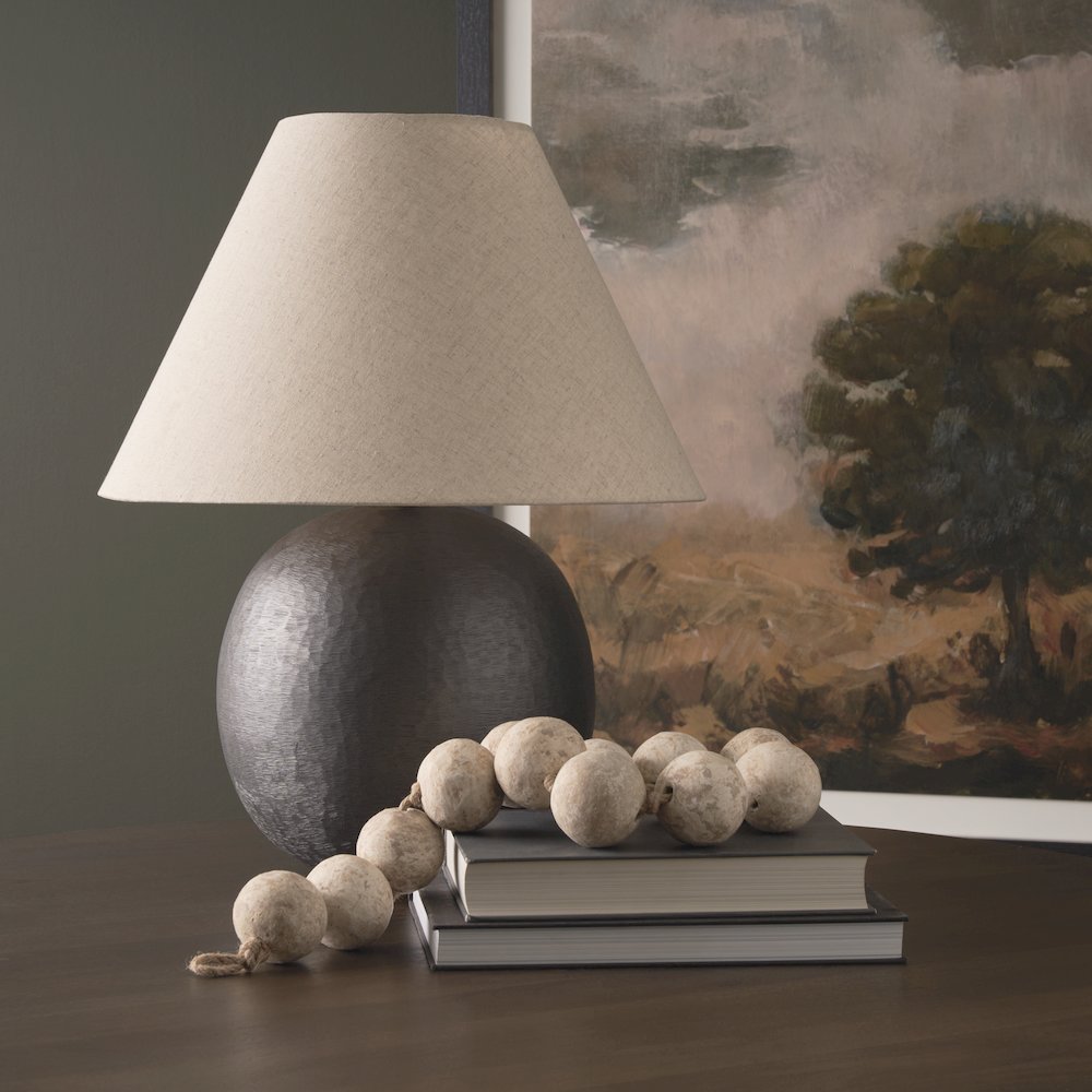 Sadiyah Black Brushed Metal Beige Shade Table Lamp. Picture 5